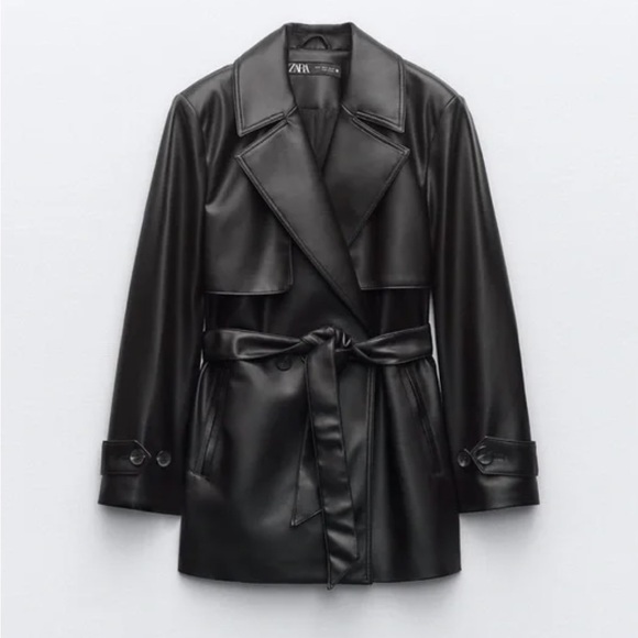 Zara FAUX LEATHER SHORT JACKET WITH BELT. Black. Size L. New with Tags. - Picture 6 of 7